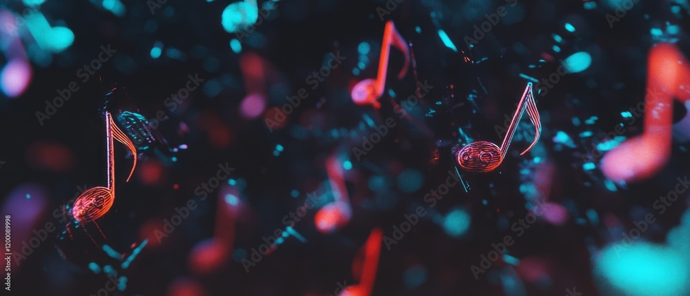 Poster holographic musical notes with flowing trails create a vibrant, dynamic visual in a dark space