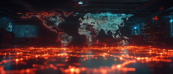 Holographic map displaying glowing lines of a digital world with intricate details and connectivity
