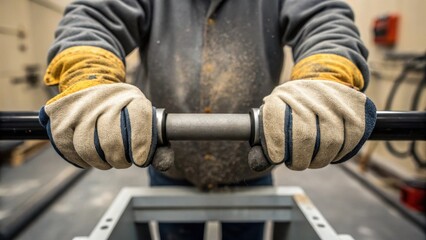 A workers hands firmly gripping the handle of a sandblasting machine gloves dusty with silica sand highlighting the strength and precision required in industrial refurbishment.