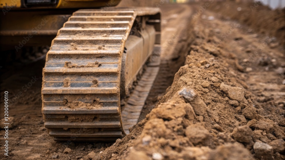 Poster closeup of a bulldozers treads gripping the uneven terrain showcasing the rugged texture of the soil