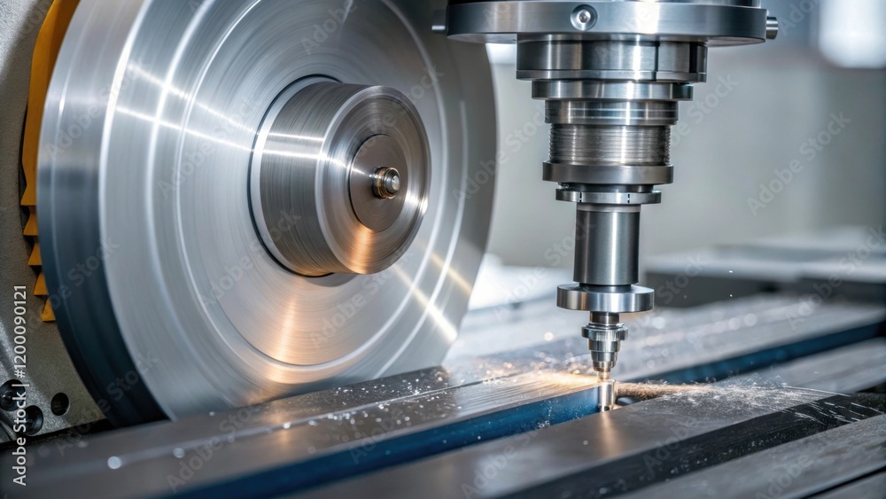 Aufkleber Closeup of a CNC ting machine in operation with a focused shot on the spinning blade slicing through a thick metal plate revealing smooth and clean edges.