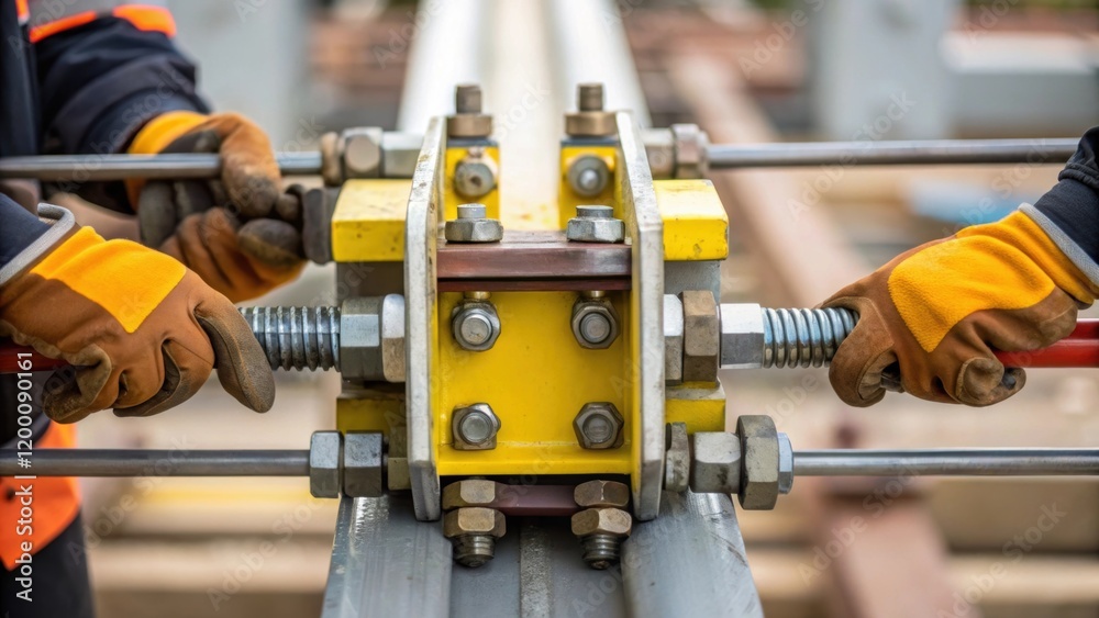 Aufkleber Closeup of a connection point between two bridge segments emphasizing the intricate locking mechanism being secured by a worker using tools.