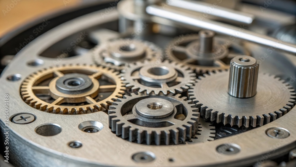Poster closeup of a complex gear mechanism being assembled with various small parts laid out meticulously e