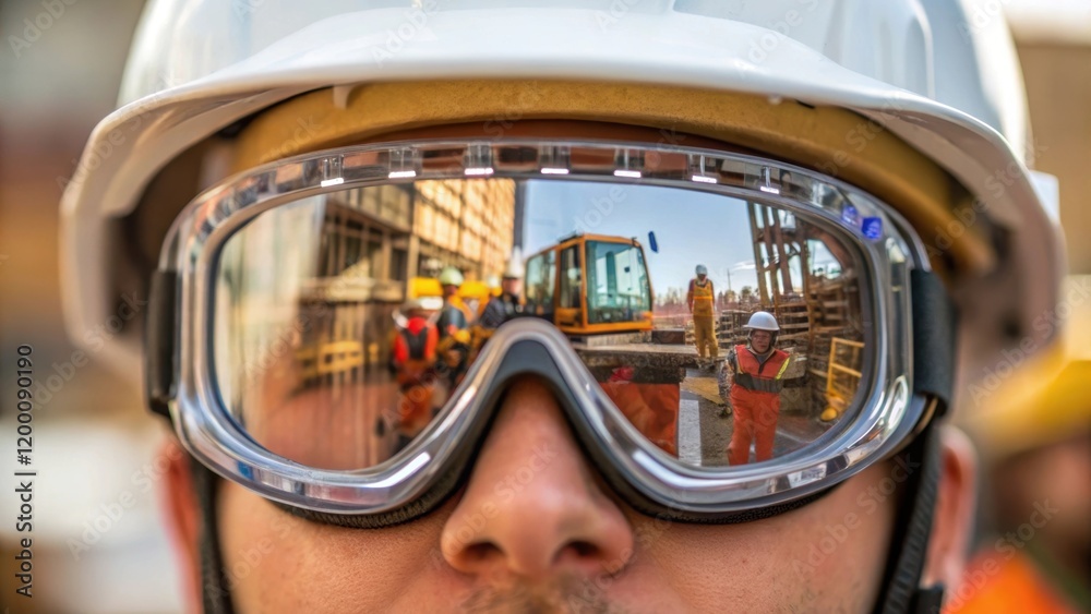 Poster closeup of a construction workers safety goggles reflecting the bustling construction site symbolizi