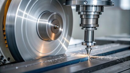 Fototapeta premium Closeup of a CNC ting machine in operation with a focused shot on the spinning blade slicing through a thick metal plate revealing smooth and clean edges.