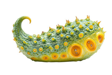 Unusual spiky green fruit with bright yellow spots displayed against a white background
