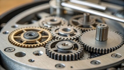 Closeup of a complex gear mechanism being assembled with various small parts laid out meticulously emphasizing the intricacy of the machinery.