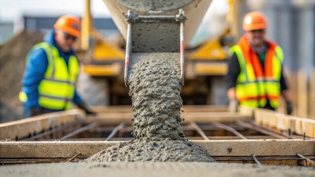 Closeup of a concrete mixer pouring fresh concrete into a foundation mold with workers in safety gear overseeing the operation.