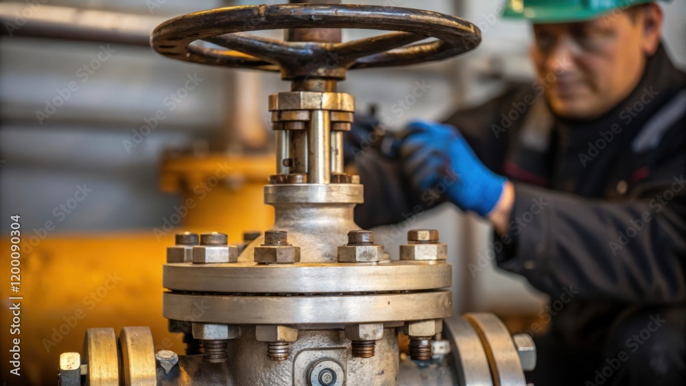 Aufkleber Closeup of a delicate valve mechanism glistening with oil and grime as a worker adjusts the settings with a focused expression demonstrating the precision required in maintenance.