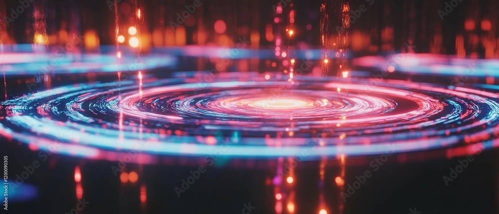 Poster Holographic portal with swirling vortex creating vibrant light patterns in a futuristic environment