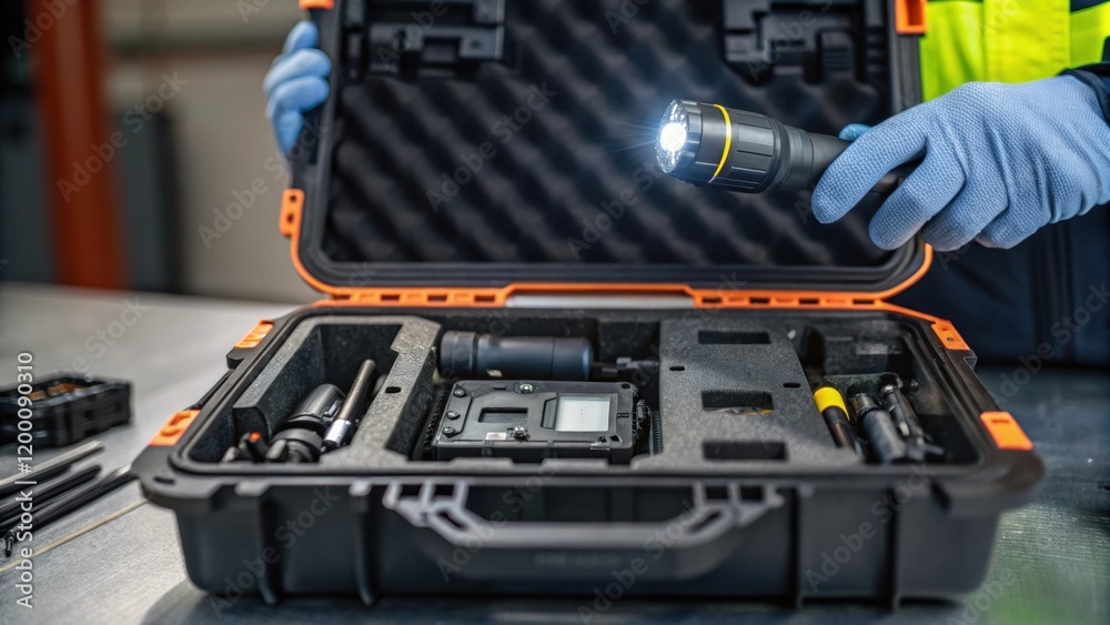 Poster closeup of a disassembled piece of soundproofing equipment highlighting the engineers careful examin