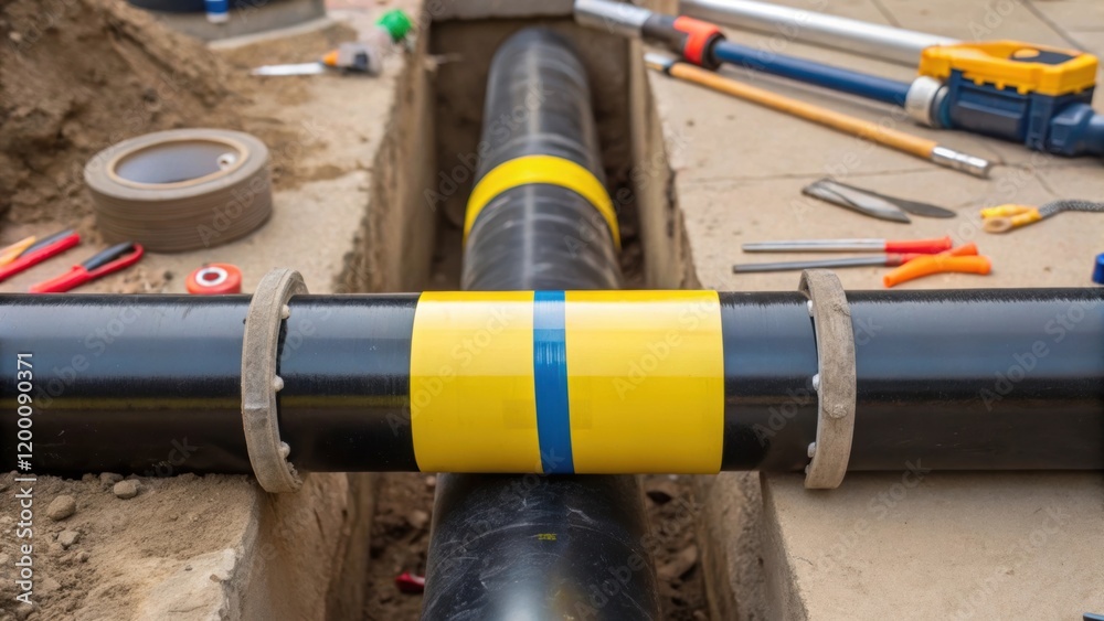 Aufkleber closeup of a gas main repair highlighting the careful application of sealing tape around a joint wit