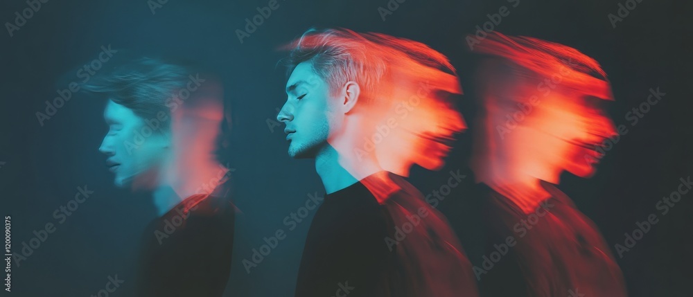 Poster Holographic portrait with ghostly effects showcasing a dynamic representation of movement