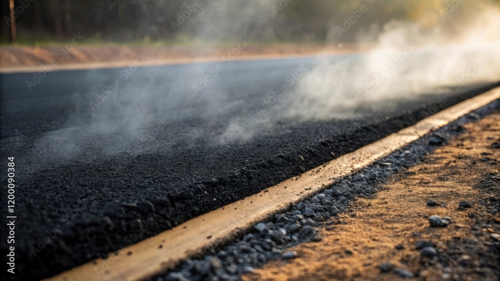 Poster closeup of a freshly laid line of asphalt with steam rising off the surface emphasizing the contrast