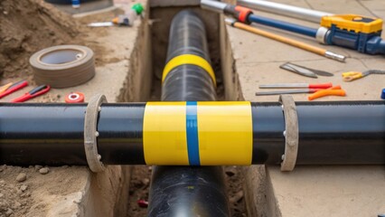 Closeup of a gas main repair highlighting the careful application of sealing tape around a joint with surrounding tools indicating the meticulous nature of infrastructure