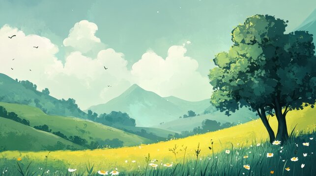 Serene landscape painting of rolling green hills and a yellow meadow.