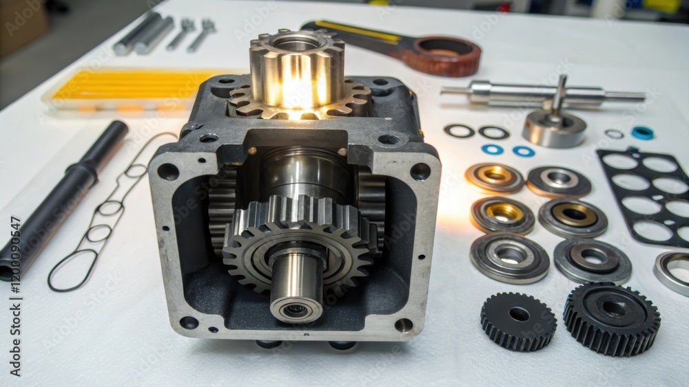 Poster closeup of a hydraulic pump being disassembled showcasing the various internal components such as ge