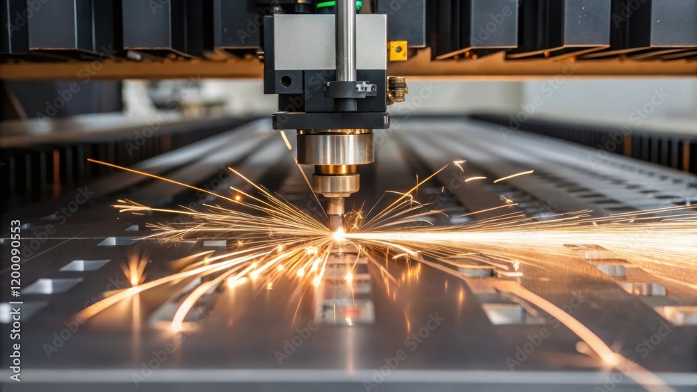 Aufkleber Closeup of a laserting machine with sparks flying as it processes metal sheets showcasing advanced fabrication techniques.