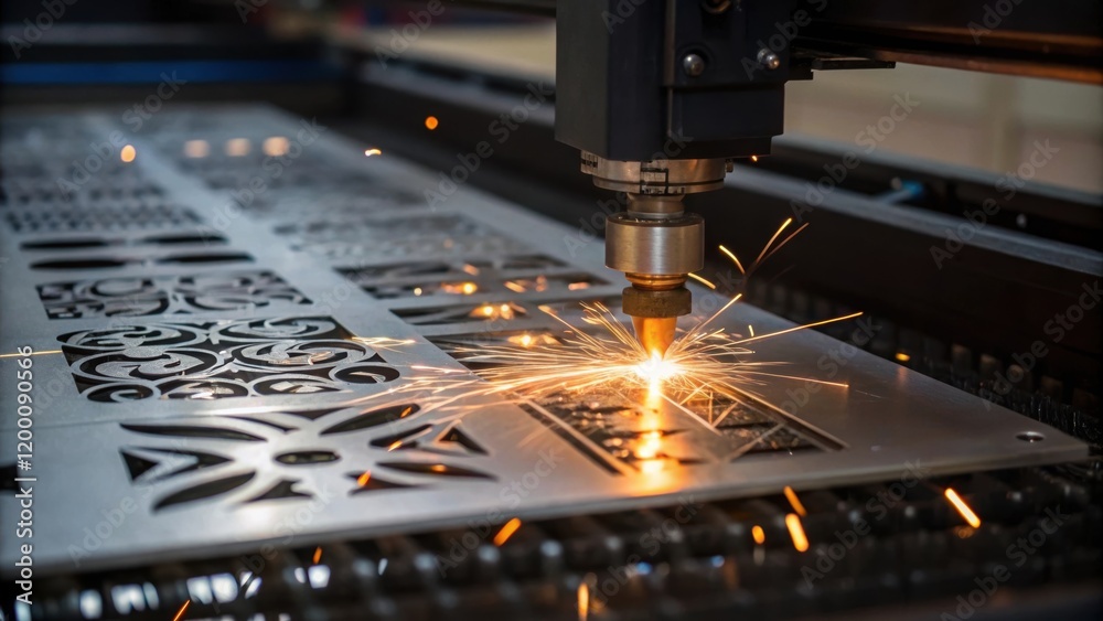 Aufkleber Closeup of a laser ting machine in action with a bright beam focused on a metal sheet creating intricate designs as sparks fly around.