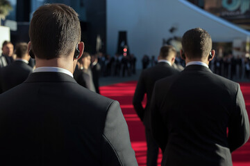 Group of bodyguards in dark suits, earpieces visible, stationed near the red carpet at a high-profile event.