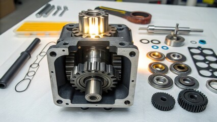 Closeup of a hydraulic pump being disassembled showcasing the various internal components such as gears seals and bearings under bright workshop lighting.