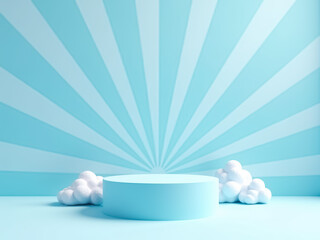 light blue cylindrical platform with white clouds on a sunburst background