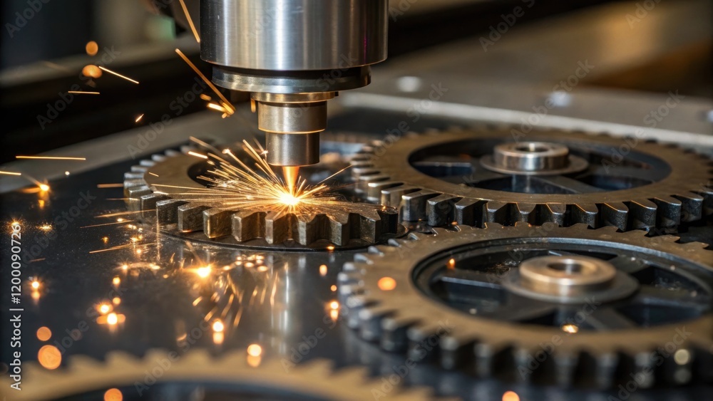Aufkleber Closeup of a mechanism being tested with gears interlocking and small sparks of light reflecting from polished metal.