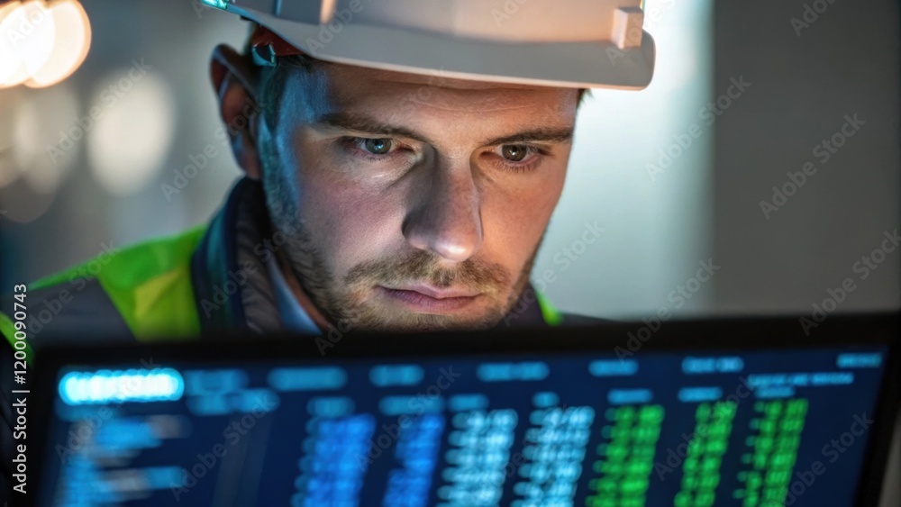 Poster Closeup of an engineers face illuminated by the glow of a digital display filled with emission metrics revealing a focused expression as they analyze data.