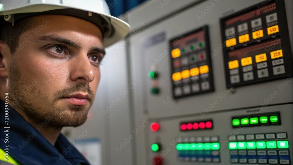 Leinwandbilder Closeup of an engineers face intent and concentrated as they analyze a digital readout on a control panel filled with a web of buttons and flashing indicators.