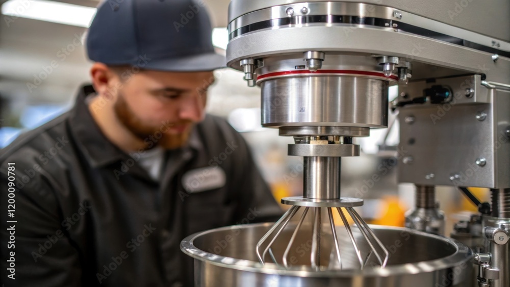 Poster closeup of an industrial mixer being assembled with a technician ensuring each component fits seamle