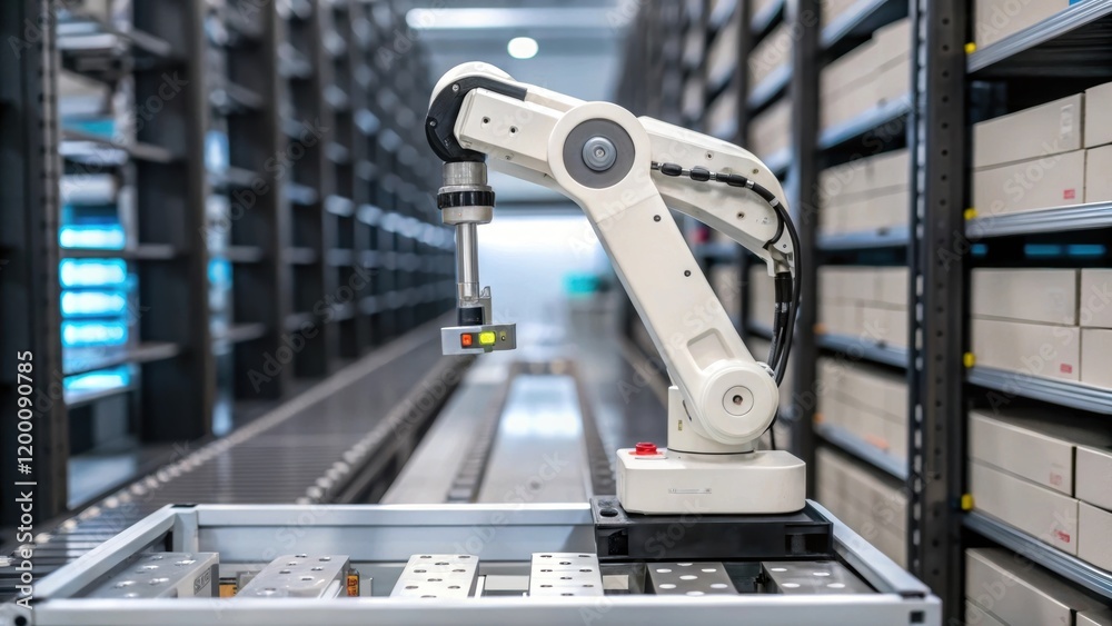 Fototapete Closeup of an advanced robotic arm poised to place items onto a designated shelf showcasing the intricate mechanics and technology involved in automated storage.
