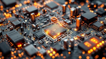 Obraz premium Close-up view of a glowing computer circuit board showcasing intricate electronic components