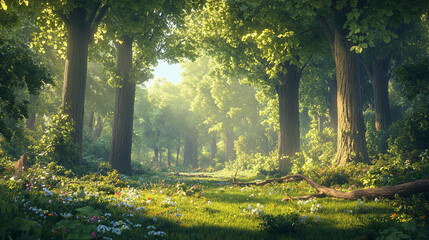 Sun-drenched Forest Path with Wildflowers