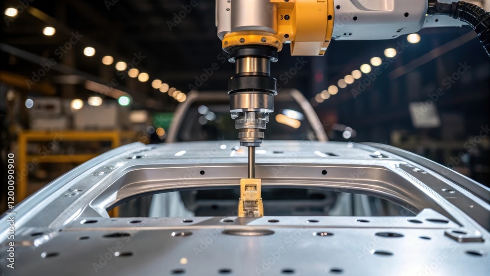 Poster Closeup of a robot utilizing a specialized tool to drill holes into a vehicle structure showcasing the accuracy of automation in production tasks.
