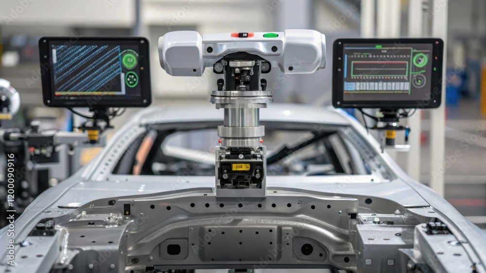Aufkleber Closeup of a robotic vision system analyzing a vehicle component for quality assurance focusing on the cameras algorithms in action.