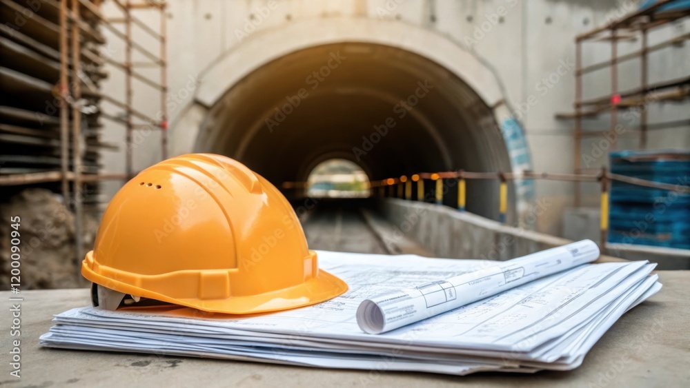 Aufkleber Closeup of a safety helmet resting on a stack of construction plans with a backdrop of a partially completed tunnel entrance hinting at the importance of safety in underground