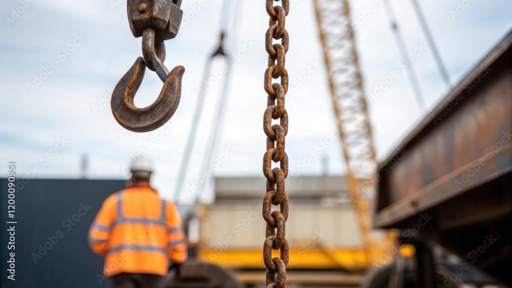 Aufkleber Closeup of a rusty chain and hook hanging from a crane above with a worker in the background poised to guide an incoming metal piece into position.