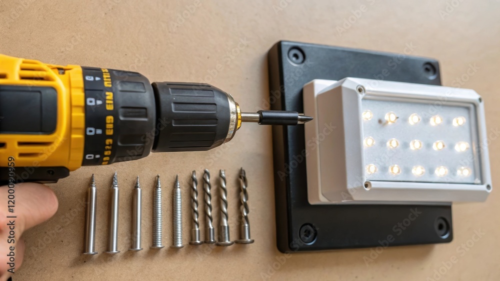 Poster closeup of a screwdriver tightening a mounting bracket to secure an led light fixture to a wall with