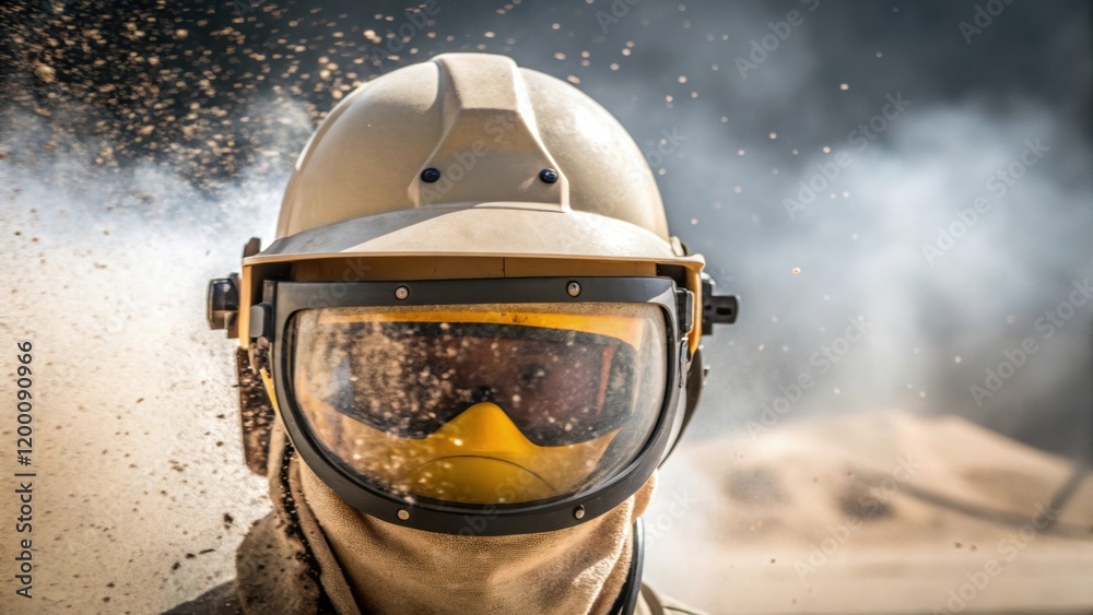 Poster closeup of a safety helmet with a visor reflecting the action of sandblasting in the background