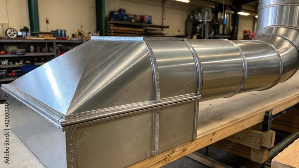 Poster closeup of a section of finished ductwork with smooth seams and polished surfaces catching light in 