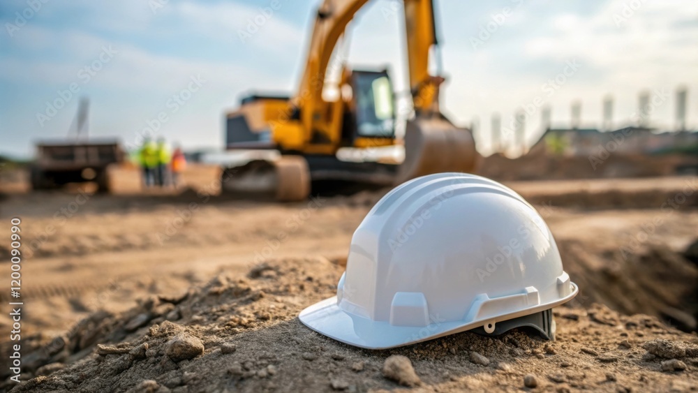 Poster closeup of a safety helmet resting on the ground with the excavator in the background emphasizing th