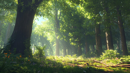 Sunlight Streams Through a Lush Forest Path
