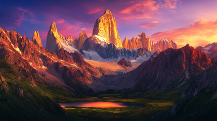 Breathtaking mountain range at sunset, vibrant colors and stunning scenery.