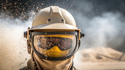 Fototapeta premium Closeup of a safety helmet with a visor reflecting the action of sandblasting in the background