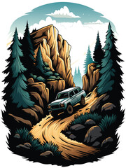 A rugged, off-road truck navigates a winding mountain trail surrounded by towering trees and rocky cliffs.