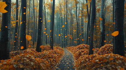 Autumnal Forest Path with Falling Leaves