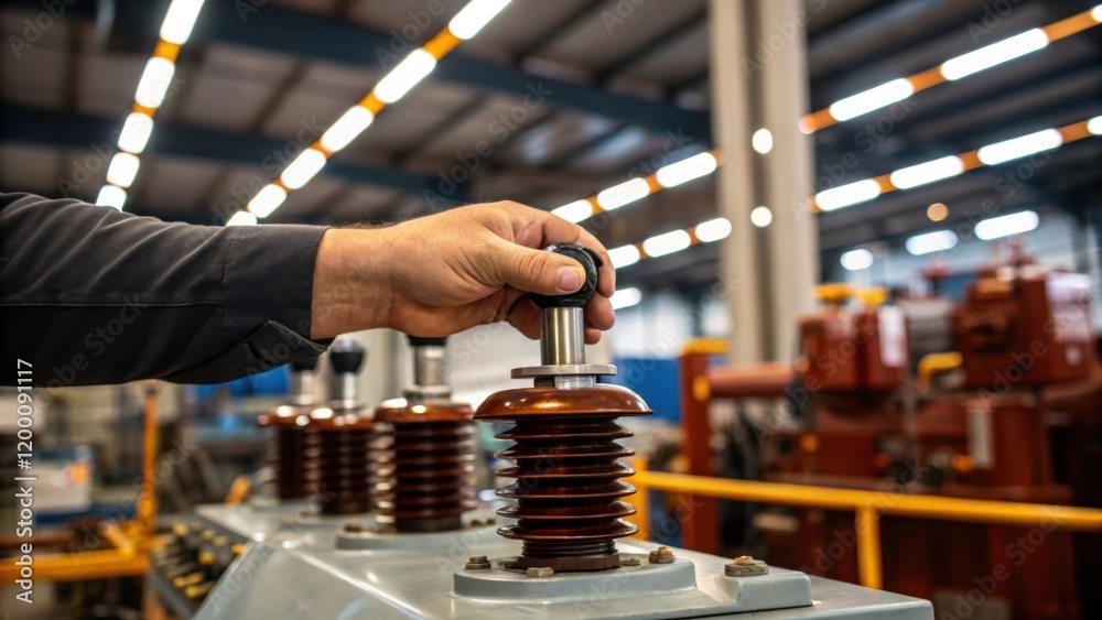 Aufkleber closeup of a technicians hand operating a lever on the transformer with intricate machinery parts gl