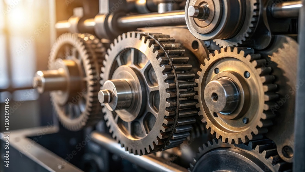 Fototapete Closeup of Automated Components Intricate gears and pistons of the textile machine glisten in the light showcasing the level of technology and engineering involved in its design.