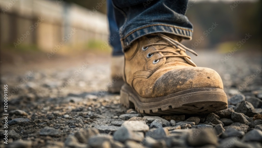 Poster closeup of a weathered construction boot stepping on gravel capturing the gritty reality of the job 