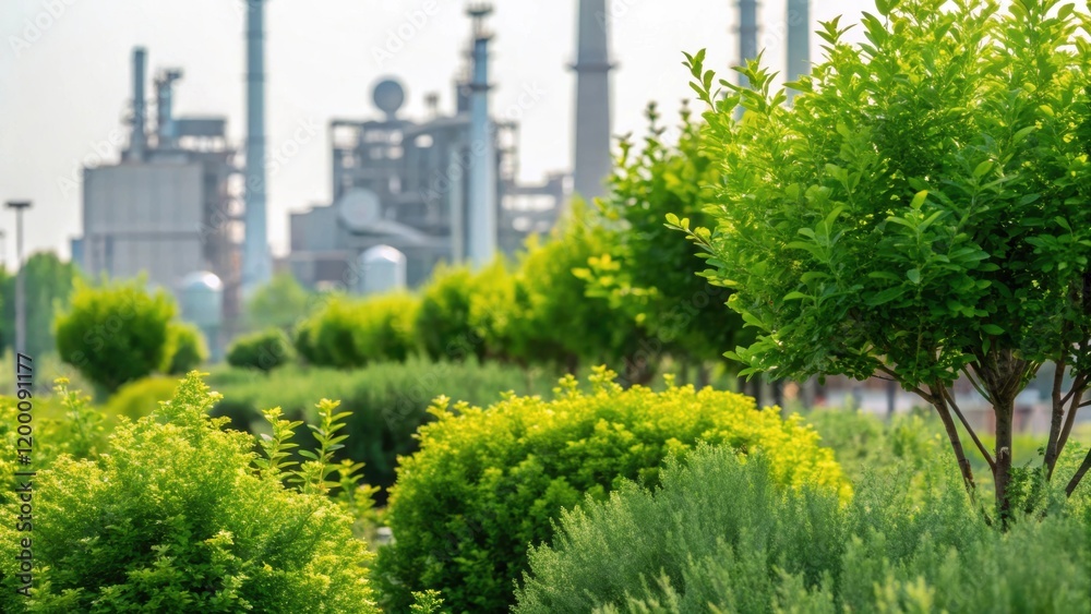 Poster closeup of a vibrant green buffer zone that contrasts with the industrial structures nearby featurin